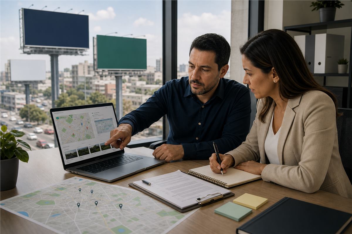 Personas administrando renta de espectaculares publicitarios desde una laptop