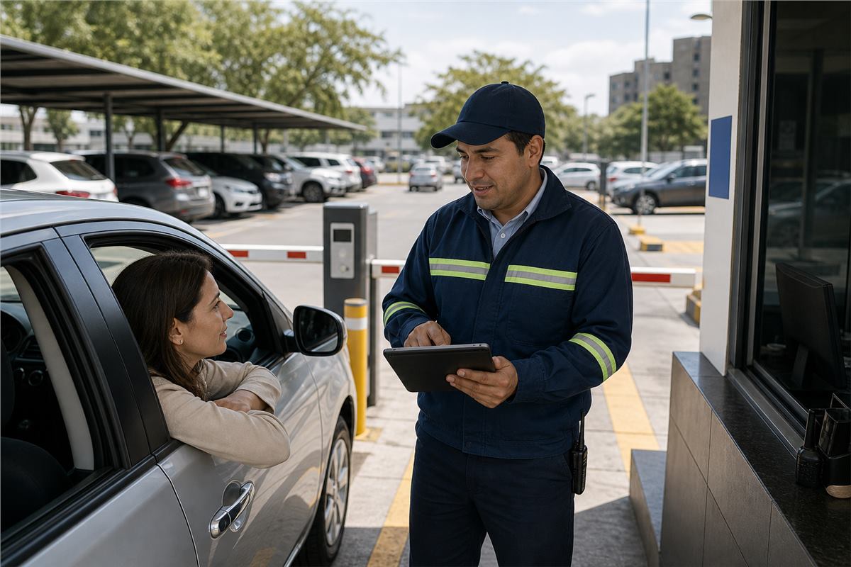 Personal administrando acceso, cajones y pagos de estacionamiento con una tablet