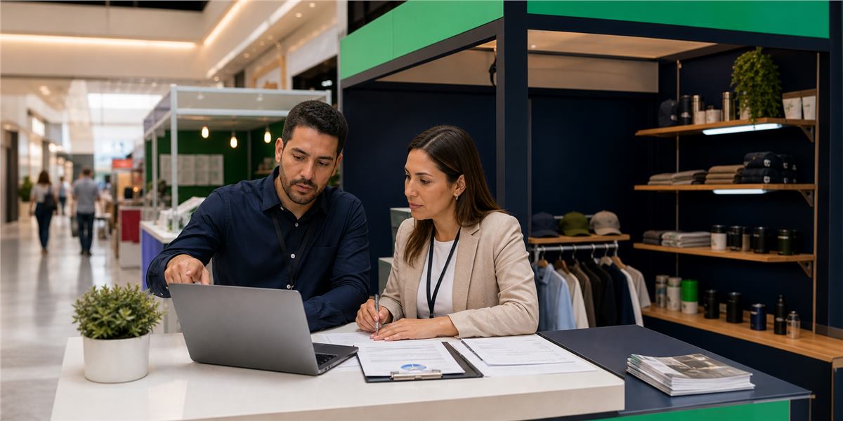 Equipo administrando renta de stands y kioskos temporales desde una laptop